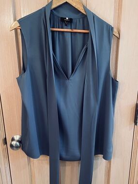 Theory Slate Blue Silk Tie-Neck Sleeveless Blouse